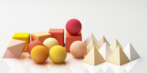 Set of colorful realistic geometric shape with fabric texture on white background. 3d rendering