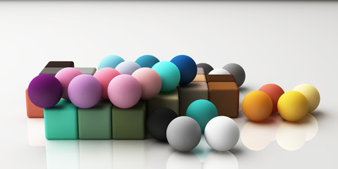 Set of colorful realistic geometric shape with fabric texture on white background. 3d rendering