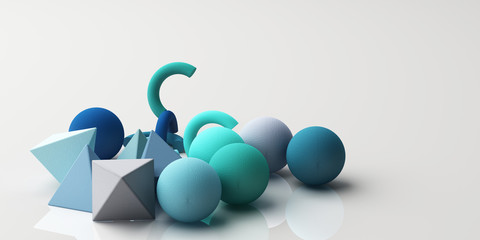 Set of colorful realistic geometric shape with fabric texture on white background. 3d rendering