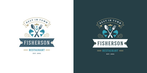 Seafood logo or sign vector illustration fish market and restaurant emblem template design fish silhouette