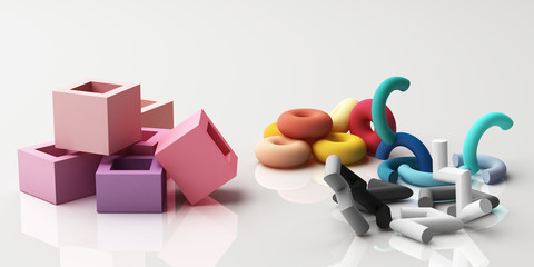 Set of colorful realistic geometric shape with fabric texture on white background. 3d rendering