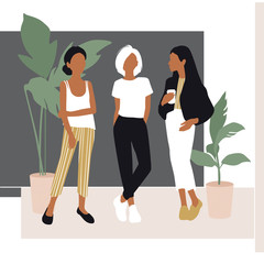 Vector young women dressed in trendy clothes standing in the room.