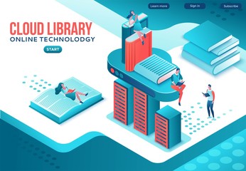 Library online isometric landing page, digital education concept, people read book on laptop, study dictionary at university, cloud computing, information database, website template design