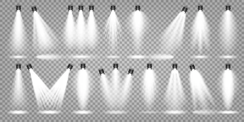 Gordijnen Vectorschijnwerperreeks. Heldere lichtstraal. Transparant realistisch effect. Podium verlichting. Verlichte studiospots. © 32 pixels