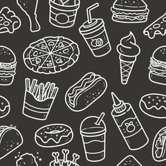 Seamless Fast Food Pattern. Chalkboard Drawing.