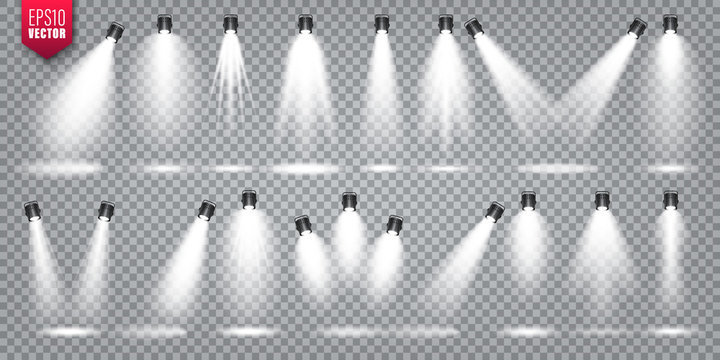 Vector spotlight set. Bright light beam. Transparent realistic effect. Stage lighting. Illuminated studio spotlights.