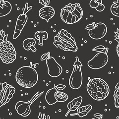 Seamless Fruit and Vegetable Pattern. Chalkboard Drawing.