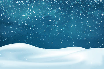 Realistic snowdrifts. Winter snowy abstract background. Frozen landscape with snow caps. Decoration for Christmas or New Year. Vector illustration.