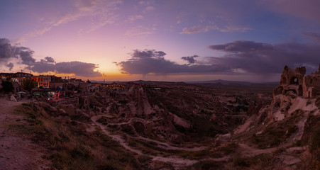 Cappadocia rock formations clustered in Monks Valley, view from Uchisar castle, Turkey 