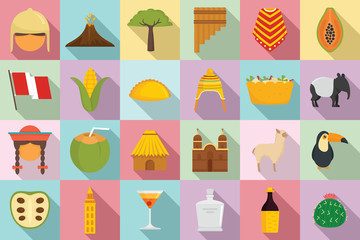 Peru icons set. Flat set of peru vector icons for web design