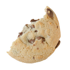 Broken cookie, piece with chocolate chips on the white background. Isolated object for advertising, packaging, design.