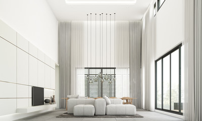 Modern minimal style of living and dining area with sofa set and grey tile floor.3d rendering