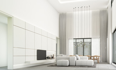 Modern minimal style of living and dining area with sofa set and grey tile floor.3d rendering