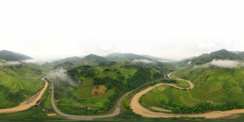 360 panorama by 180 degrees angle seamless panorama view of paddy rice terraces, green agricultural...