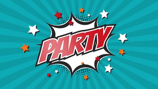 PARTY - Comic Pop Art text video 4K, chroma key version included. Vintage colorful cartoon animation with explosion of speech bubble message.