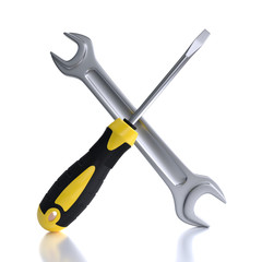 Yellow and black handle screwdriver and wrench on white background. Instruments. Tool. 3D rendering illustration