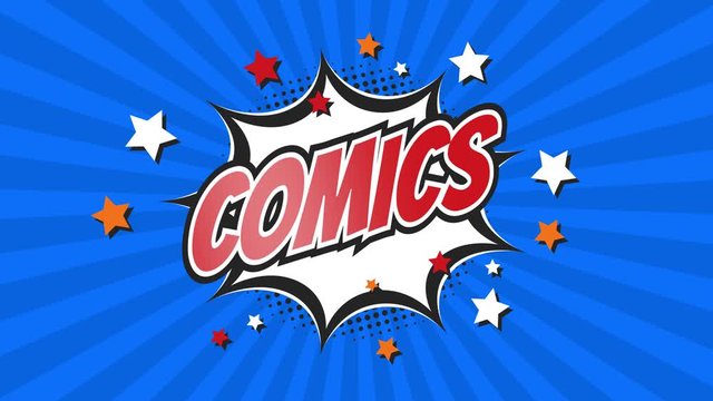 Comic Pop Art text stock video 4K. Vintage colorful cartoon animation with explosion of speech bubble message. Retro sun rays, halftone and stars. Included Green screen version for chroma key.