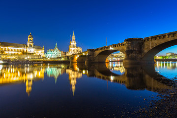 Fototapeta na wymiar Cityscape of Dresden at Elbe River and Augustus Bridge at night, Saxony. Germany