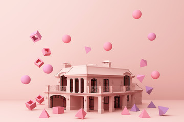 Pink house surrounding by many of pink geometric shape and. 3d rendering