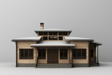 A wooden house on grey background. 3d rendering