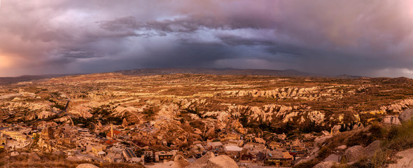 Cappadocia rock formations clustered in Monks Valley, view from Uchisar castle, Turkey 