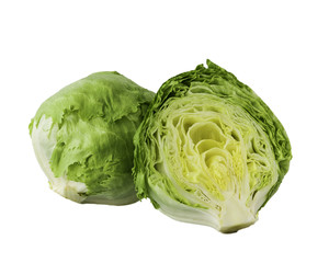 Close-up studio shot organic whole iceberg lettuce salad and a half cut isolated on white