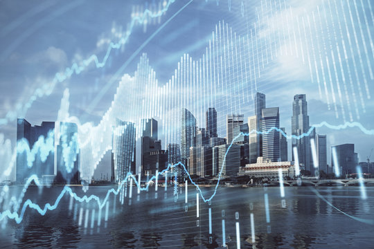 Forex chart on cityscape with tall buildings background multi exposure. Financial research concept.