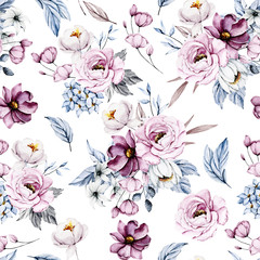 Nahtloser Hintergrund, Vintage floral Textur, Muster mit Blumensträußen Aquarell rosa Blumen. Stofftapete wiederholen. Perfekt für eingewickeltes Papier, Hintergrund.
