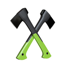 Two crossed axe on the white background. Axe with Fibreglass Handle. Lumberjack ax. Axe tool.  3D rendering illustration