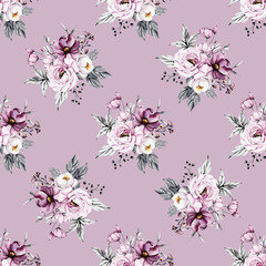 Seamless background, vintage floral texture, pattern with bouquets watercolor pink flowers. Repeat fabric wallpaper. Perfectly for wrapped paper, backdrop. 