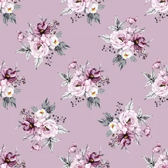 Tapeten Vintage Blumen Nahtloser Hintergrund, Vintage florale Textur, Muster mit Blumensträußen Aquarell rosa Blumen. Stofftapete wiederholen. Perfekt für eingewickeltes Papier, Hintergrund.