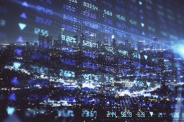 Financial graph on night city scape with tall buildings background multi exposure. Analysis concept.