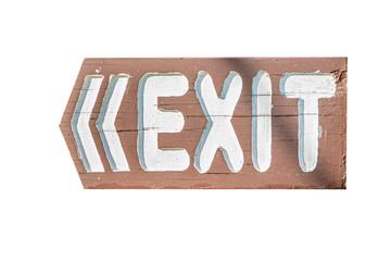 exit sign on wooden plaque, old, vintage, left direction sign, isolate on white background