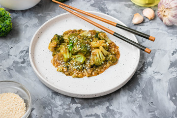 Asian dish broccoli cabbage in a thick garlic sauce.