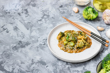 Asian dish broccoli cabbage in a thick garlic sauce.