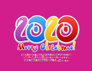 Fototapeta na wymiar Vector colorful greeting card Merry Christmas 2020! Handwritten bright Font. Creative Alphabet Letters, Numbers and Symbols