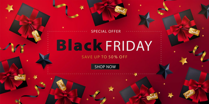 Black Friday Sale banner, poster or flyer design with gold black confetti, black gift boxes with red bows. Trendy modern design template for advertisement, social and fashion ads. Vector illustration