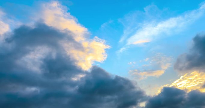 Yellow clouds and black clouds moving fast over blue sky,sunset sky clouds background,4k time lapse.