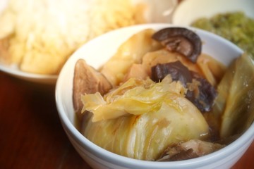 Vegetarian food: The soup stewed cabbage served with steamed rice for vegetarian. Food in Vegetarian festival or Nine emperor gods Festival concept.