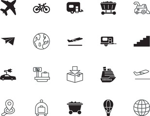 transport vector icon set such as: rural, train, mountain, cruiser, post, express, shop, rv, takeoff, company, opened, van, bicycle, day, electric, steps, parcel, plug, walk, stairway, hot, traveler
