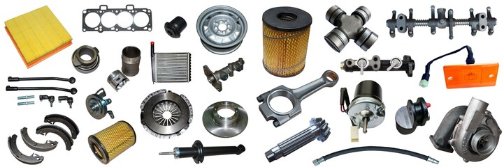 Lot of new auto spare parts. Set with many isolated items for shop or aftermarket.