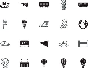 transport vector icon set such as: construction, flying, guidance, school, scene, green, continent, heavy, distribution, fragile, front, intersection, trucking, street, alternative, economy, vacation