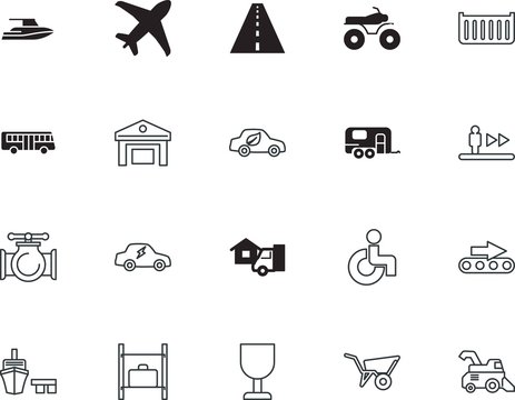 transport vector icon set such as: information, outdoor, clean, front, board, label, sale, goods, buggy, seat, rural, bolt, logistic, trailer, commercial, stair, circle, seasonal, motocross