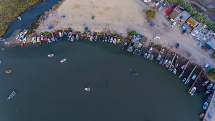 Aerial. Bay near the Vasco da Gama Lisbon Bridge, Samuoco.