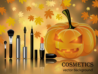 Sets of cosmetics on the background of leaf fall and pumpkins