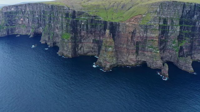 Panoramic aerial view from Sandoy island cliffs under the clouds, Faroe Islands
