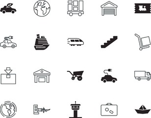 transport vector icon set such as: open, rail, lorry, departure, down, railroad, cable, gardening, stair, bullet, metal, send, mobile, trucking, coupon, crate, power, button, public, ocean, carton