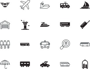 transport vector icon set such as: quadcopter, protect, aeroplane, warning, commerce, voyage, tourist, blueprint, vessel, industrial, conservation, emergency, environmental, fabrication, development