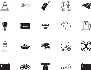 transport vector icon set such as: stripe, asphalt, keep, repair, work, security, parcel, airship, avenue, mountain, cruise, way, scene, filling, care, thin, aid, drive, emergency, package, trolley