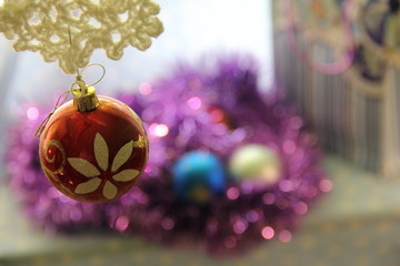 Beautiful Christmas decoration and New Year's toys on a blue background